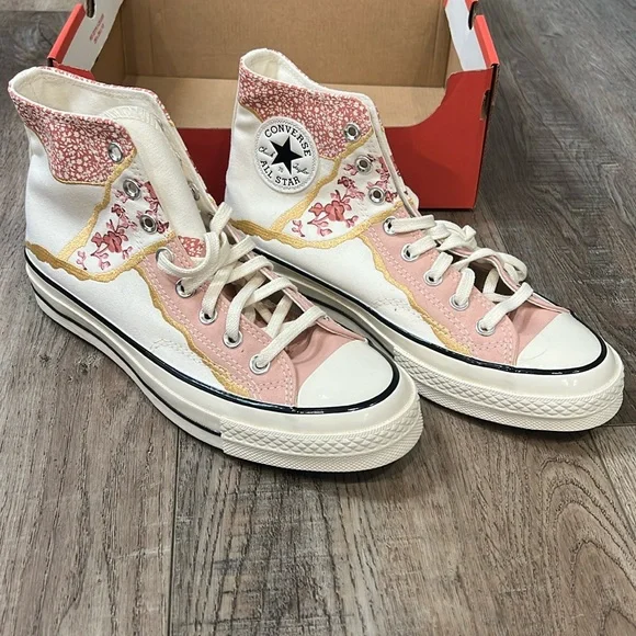 Converse Pink Floral and Metallic Chuck 70 Egret High Tops - Picture 1 of 6